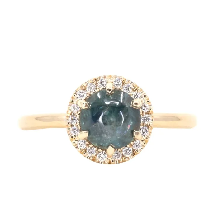 Rings Anueva Jewelry 149ct Buff Top Montana Sapphire Low Profile Diamond Halo Ring In 14k Yellow Gold Rings Anueva Jewelry 149ct Buff Top Montana Sapphire Low Profile Diamond Halo Ring In 14k Yellow Gold