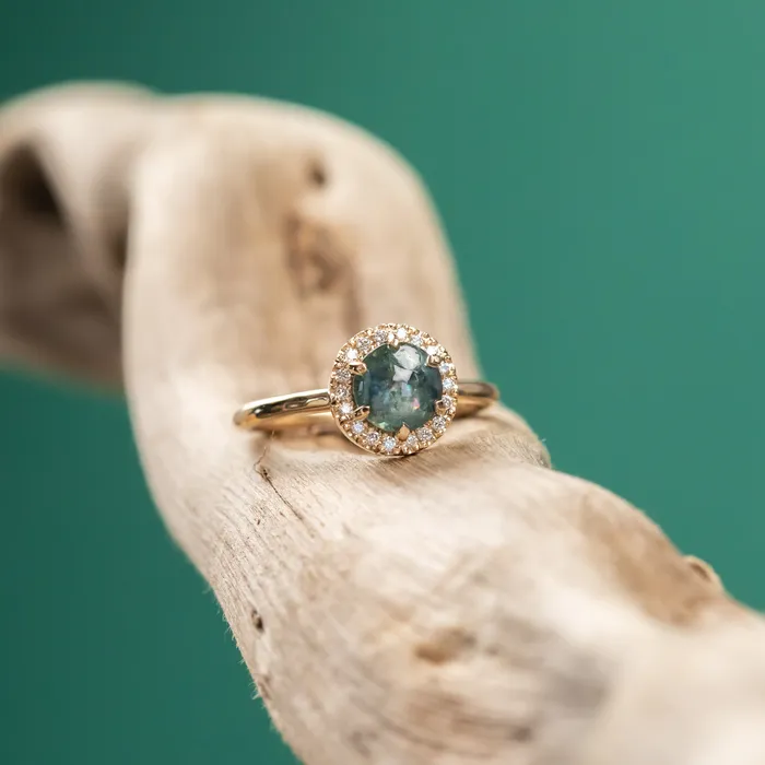 Rings Anueva Jewelry 149ct Buff Top Montana Sapphire Low Profile Diamond Halo Ring In 14k Yellow Gold