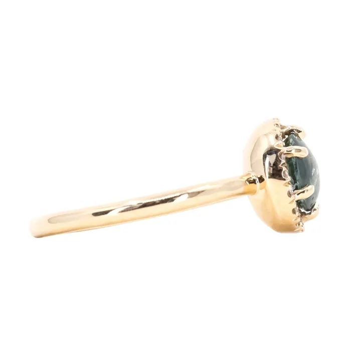 Rings Anueva Jewelry 149ct Buff Top Montana Sapphire Low Profile Diamond Halo Ring In 14k Yellow Gold