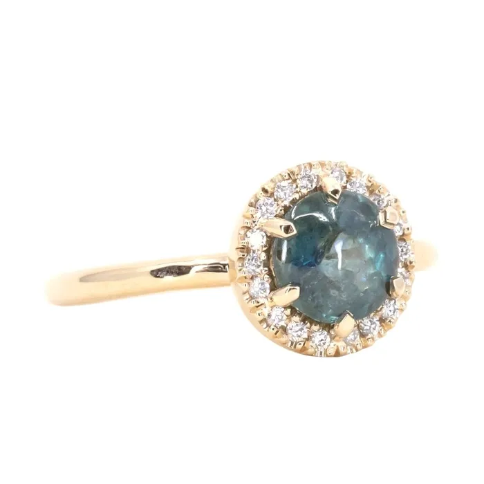 Rings Anueva Jewelry 149ct Buff Top Montana Sapphire Low Profile Diamond Halo Ring In 14k Yellow Gold