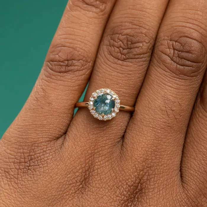 Rings Anueva Jewelry 149ct Buff Top Montana Sapphire Low Profile Diamond Halo Ring In 14k Yellow Gold