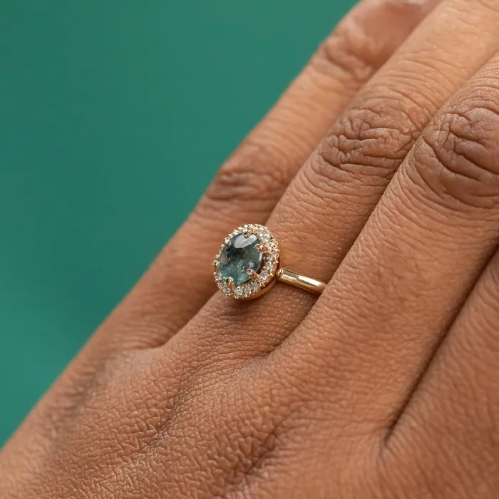 Rings Anueva Jewelry 149ct Buff Top Montana Sapphire Low Profile Diamond Halo Ring In 14k Yellow Gold