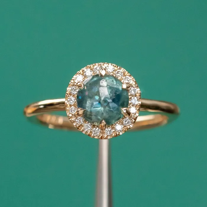 Rings Anueva Jewelry 149ct Buff Top Montana Sapphire Low Profile Diamond Halo Ring In 14k Yellow Gold