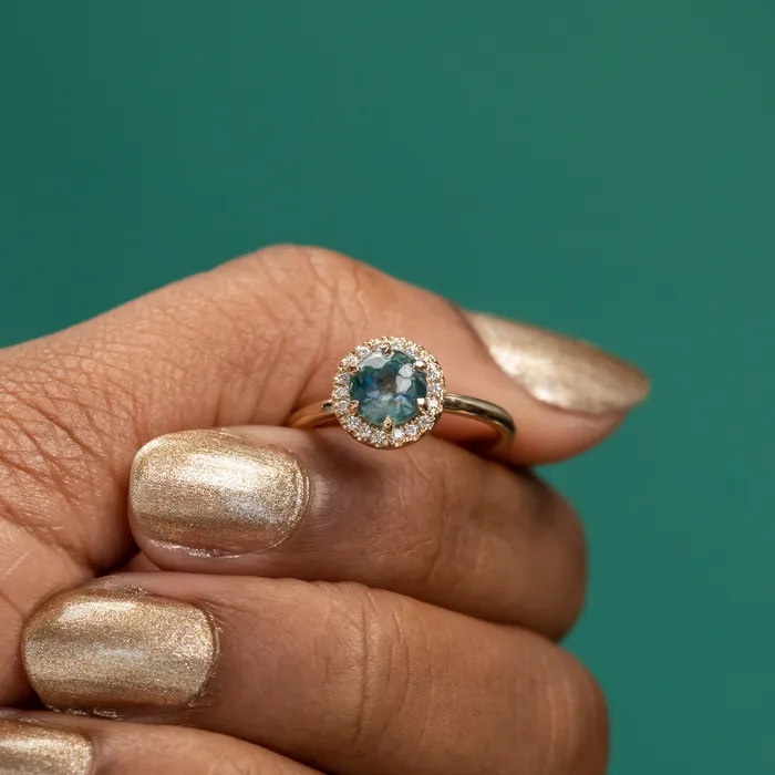 Rings Anueva Jewelry 149ct Buff Top Montana Sapphire Low Profile Diamond Halo Ring In 14k Yellow Gold