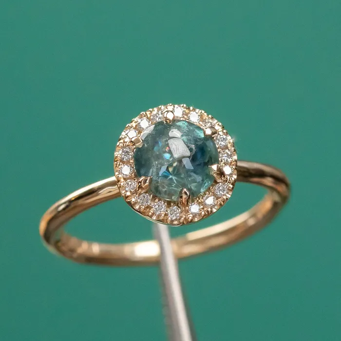 Rings Anueva Jewelry 149ct Buff Top Montana Sapphire Low Profile Diamond Halo Ring In 14k Yellow Gold