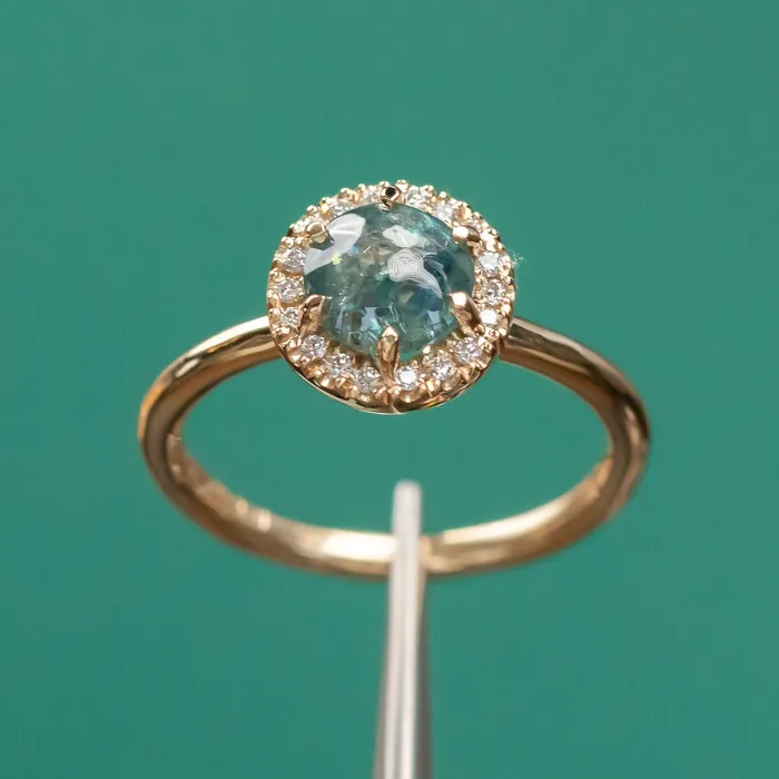 Rings Anueva Jewelry 149ct Buff Top Montana Sapphire Low Profile Diamond Halo Ring In 14k Yellow Gold