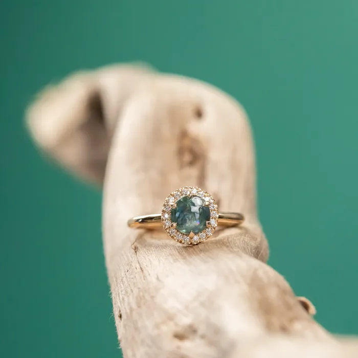 Rings Anueva Jewelry 149ct Buff Top Montana Sapphire Low Profile Diamond Halo Ring In 14k Yellow Gold