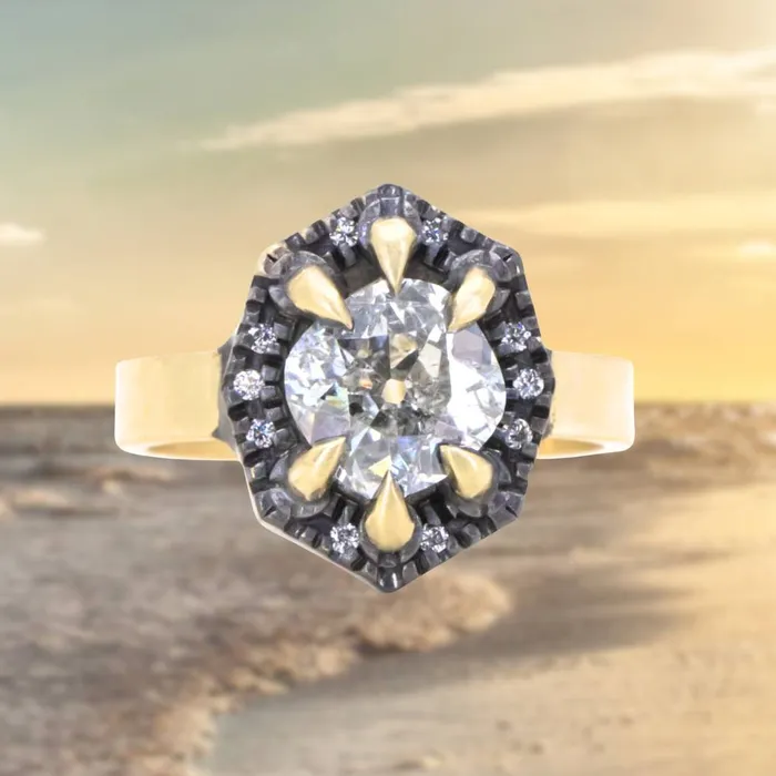 Rings Anueva Jewelry 172ct Antique Old Mine Cut Diamond and Blackened Halo Antique Style ring in 18k Yellow Gold Rings Anueva Jewelry 172ct Antique Old Mine Cut Diamond and Blackened Halo Antique Style ring in 18k Yellow Gold