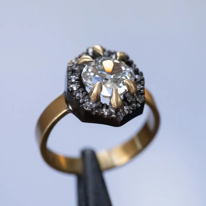 Rings Anueva Jewelry 172ct Antique Old Mine Cut Diamond and Blackened Halo Antique Style ring in 18k Yellow Gold