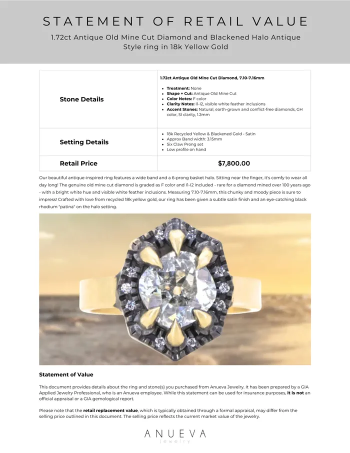 Rings Anueva Jewelry 172ct Antique Old Mine Cut Diamond and Blackened Halo Antique Style ring in 18k Yellow Gold