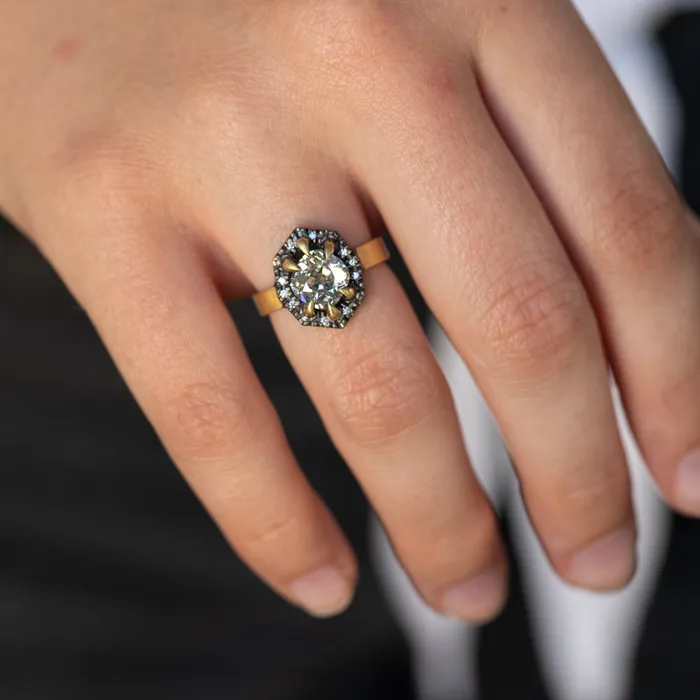 Rings Anueva Jewelry 172ct Antique Old Mine Cut Diamond and Blackened Halo Antique Style ring in 18k Yellow Gold