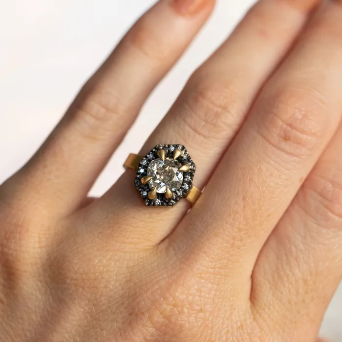 Rings Anueva Jewelry 172ct Antique Old Mine Cut Diamond and Blackened Halo Antique Style ring in 18k Yellow Gold