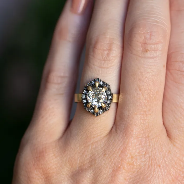 Rings Anueva Jewelry 172ct Antique Old Mine Cut Diamond and Blackened Halo Antique Style ring in 18k Yellow Gold