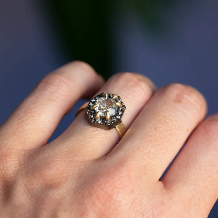 Rings Anueva Jewelry 172ct Antique Old Mine Cut Diamond and Blackened Halo Antique Style ring in 18k Yellow Gold