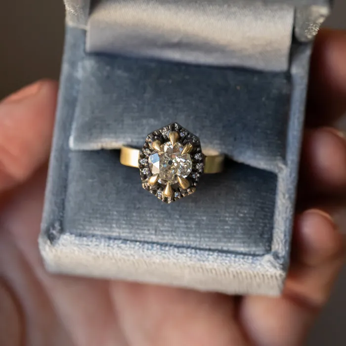 Rings Anueva Jewelry 172ct Antique Old Mine Cut Diamond and Blackened Halo Antique Style ring in 18k Yellow Gold
