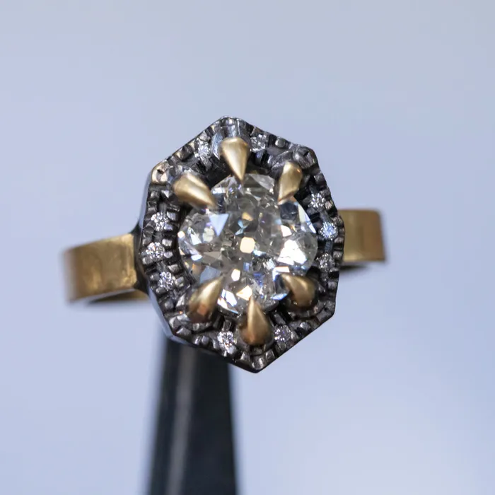 Rings Anueva Jewelry 172ct Antique Old Mine Cut Diamond and Blackened Halo Antique Style ring in 18k Yellow Gold
