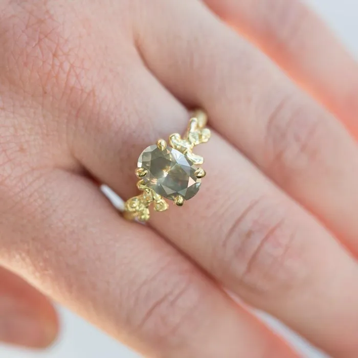 Rings Anueva Jewelry 214ct Oval Grey Diamond Prong Set Mermaid Solitaire Ring in 18k Yellow Gold