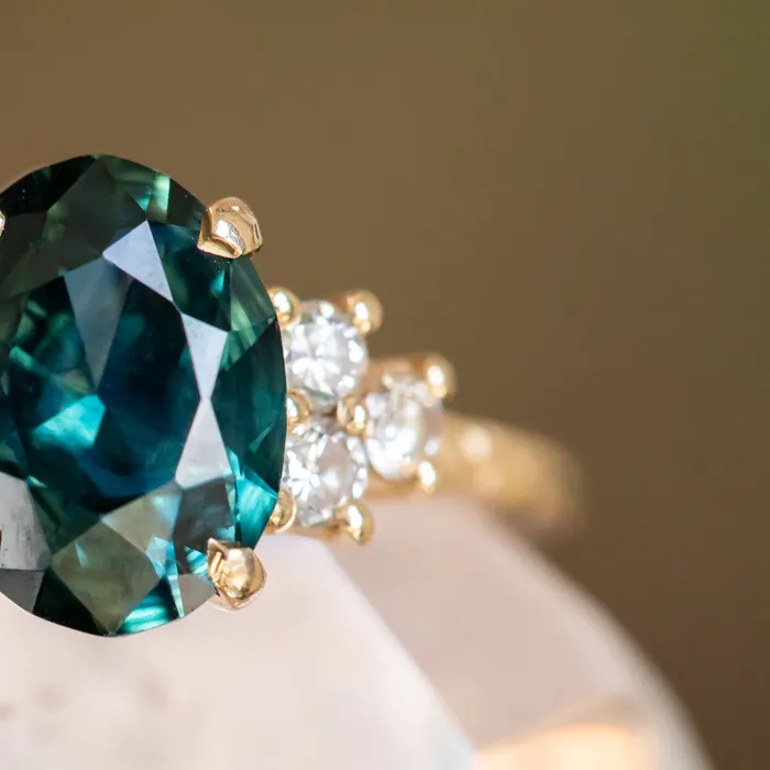 Rings Anueva Jewelry 263ct Oval Untreated Nigerian Sapphire and Diamond Cluster Ring in 14k Yellow Gold