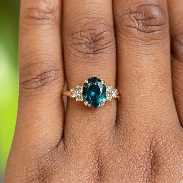 Rings Anueva Jewelry 263ct Oval Untreated Nigerian Sapphire and Diamond Cluster Ring in 14k Yellow Gold