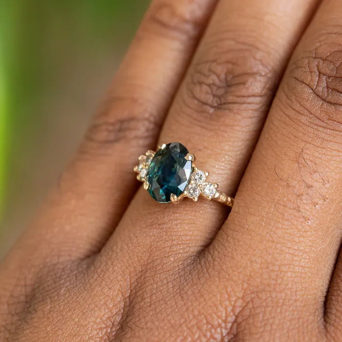Rings Anueva Jewelry 263ct Oval Untreated Nigerian Sapphire and Diamond Cluster Ring in 14k Yellow Gold