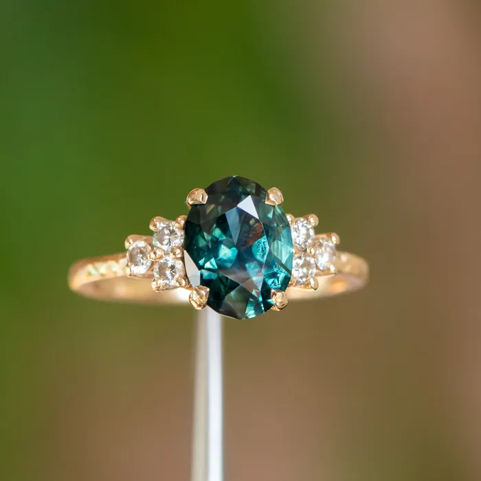 Rings Anueva Jewelry 263ct Oval Untreated Nigerian Sapphire and Diamond Cluster Ring in 14k Yellow Gold