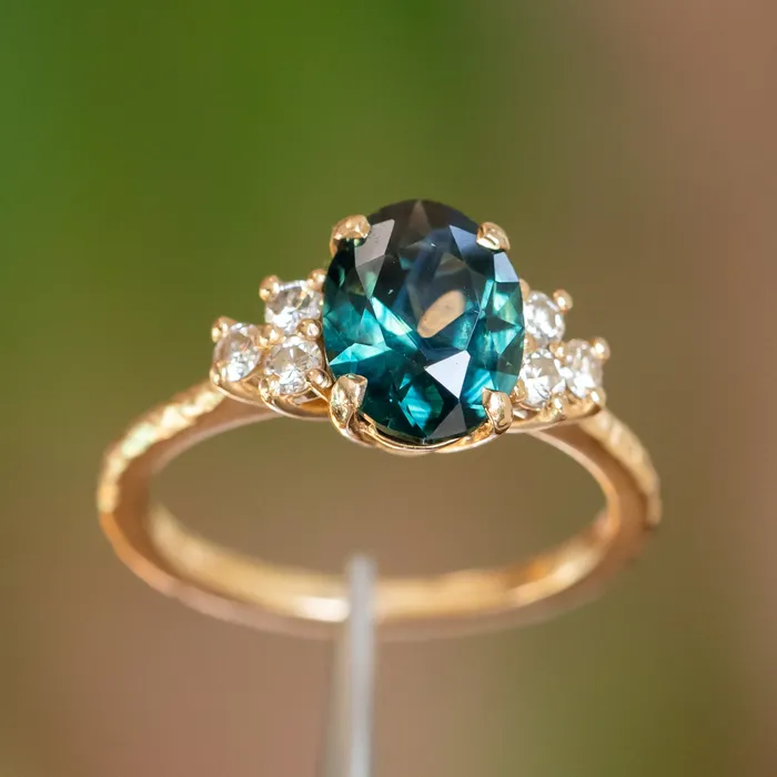 Rings Anueva Jewelry 263ct Oval Untreated Nigerian Sapphire and Diamond Cluster Ring in 14k Yellow Gold