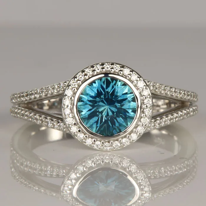 Rings Moriartys Gem Art 14K White Gold Montana Sapphire Diamond Halo Ring 126cts Rings Moriartys Gem Art 14K White Gold Montana Sapphire Diamond Halo Ring 126cts