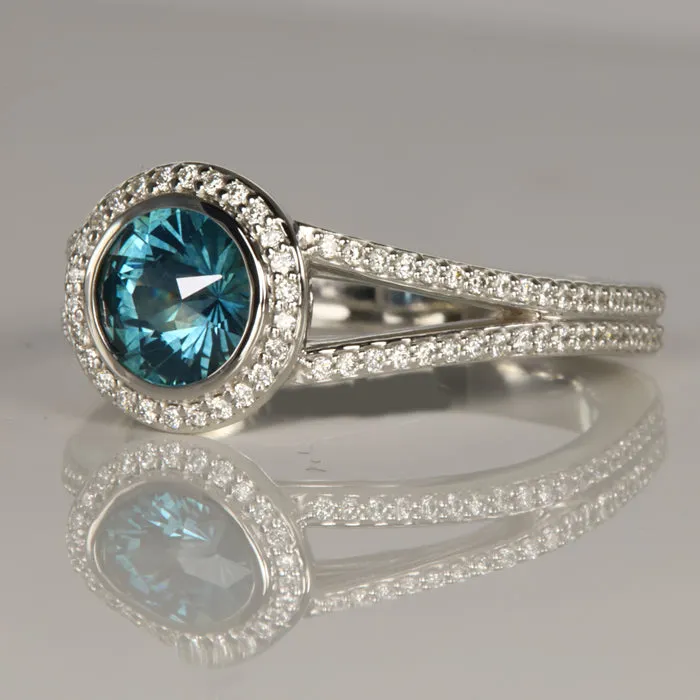 Rings Moriartys Gem Art 14K White Gold Montana Sapphire Diamond Halo Ring 126cts