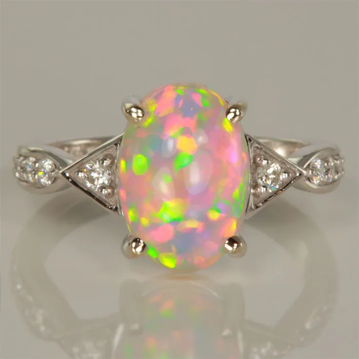 Rings Moriartys Gem Art Ethiopian Opal Cabochon Diamond Ring in 14k White Gold 238ct Rings Moriartys Gem Art Ethiopian Opal Cabochon Diamond Ring in 14k White Gold 238ct