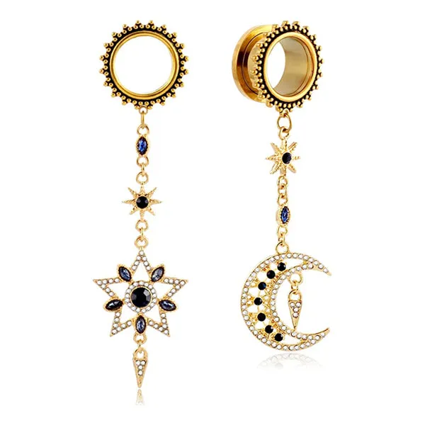 Tulsa Body Jewelry Earrings Moon Star Dangle Gold Screw Tunnels