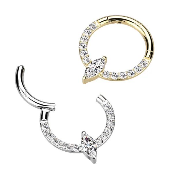 Tulsa Body Jewelry Rings 16g Marquise Center CZ 14k Gold Hinged Ring
