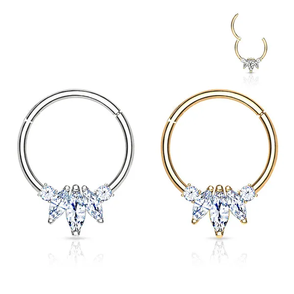 Tulsa Body Jewelry Rings 16g Three Marquise CZ 14k Gold Hinged Ring